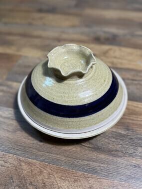 Vintage Marcrest Covered Butter Dish Blue Band Stoneware Butter Server MCM